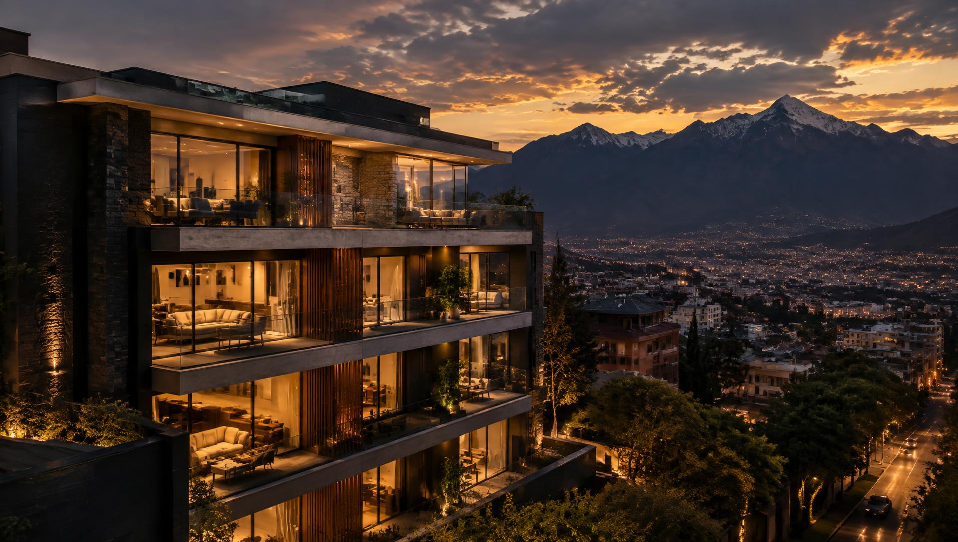 Edificio residencial premium en Huancayo al atardecer